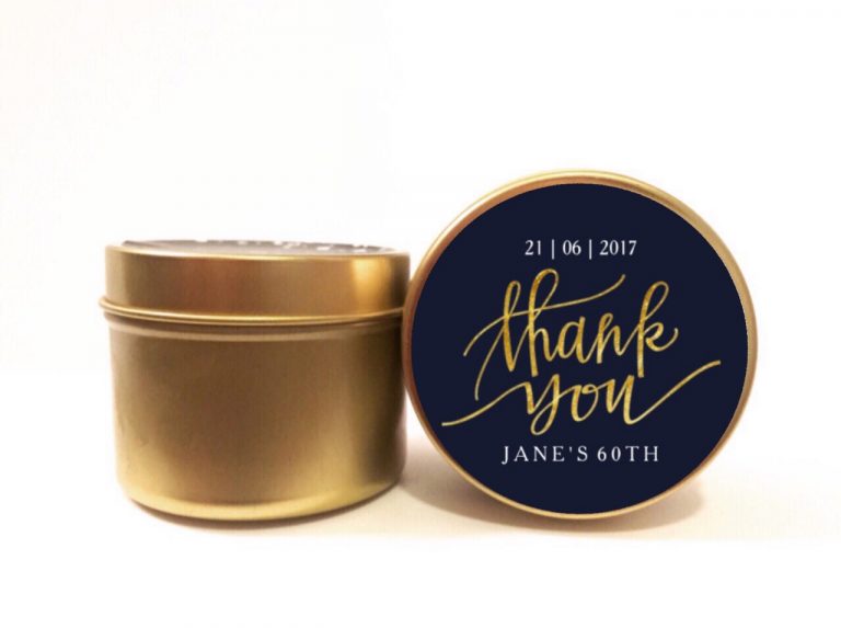 blue and gold thank you soy candle by mahina